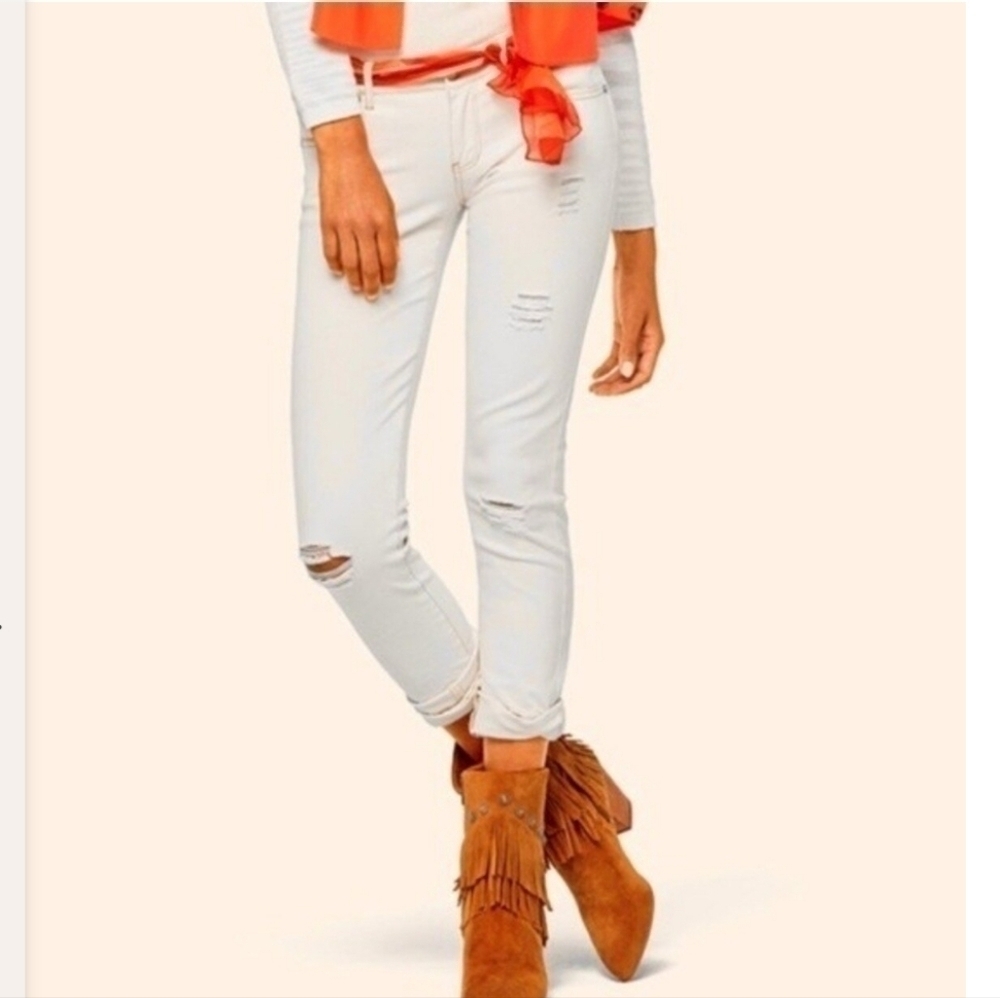 CAbi White Distressed Slim Boyfriend Stretch Jeans w Tan Stitching, sz 8